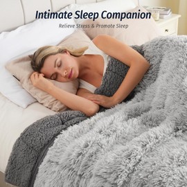 Wemore Shaggy Long Fur Faux Fur Weighted Blanket, Cozy and Plush Sherpa Long Hair Blanket for Adult 20lbs, Fluffy Fuzzy Sherpa Reverse Heavy Blanket for Bed, Couch, Backprint Grey, 60 x 80 Inches