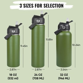 24oz Insulated Stainless Steel Water Bottle, Wide Mouth Double Wall Vacuum, Silicone Straw, Sweat & Leak Proof, BPA Free Insulated Water Flask for Travel, Keep Cold 24h Hot 12h, Green