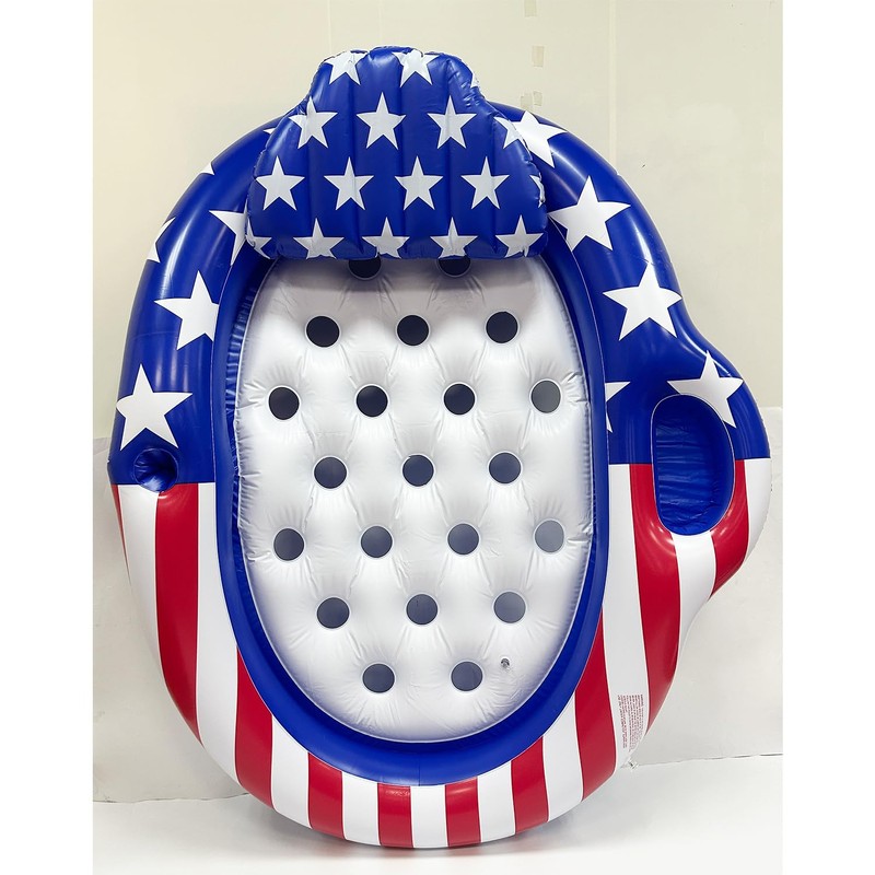 72"x59" Patriotic Pool Lounger Float with ​Detachable Headrest, ​Double Snack