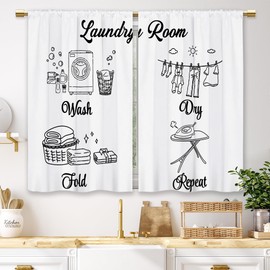 Laifzere White Farmhouse Laundry Curtains Laundry Room Rules Small Short Cafe Window Curtains Wash Dry Fold Repeat Rod Pocket Bathroom Window Drapes Treatment Tier Curtains 2 Panels (27.5x39 Inch)
