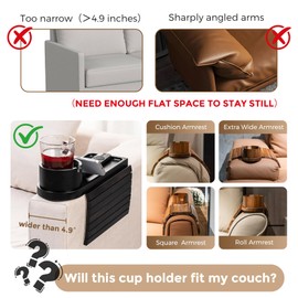 Couch Cup Holder Tray for Armrests Over 4.9" Wide, Bamboo Couch Arm Tray with 360° Rotating Phone Stand, 3 in 1 Foldable Sofa Arm Tray Table for Remote, Snacks, Phone, Drinks Black