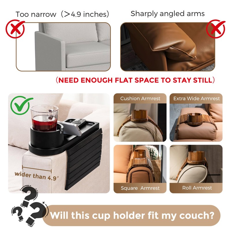 Couch Cup Holder Tray for Armrests Over 4.9" Wide, Bamboo