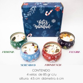 Fuwu, velas aromáticas navidad con intención 4 pzs de 3 oz c/u, velas navideñas con cera de soya con cuarzos naturales hechas a mano regalos navideños, decoracion navidad, caja de regalo