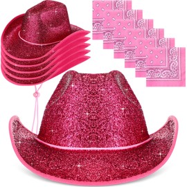 Coume 12 Pcs Adult Cowboy Hat for Women Men Western Glitter Cowgirl Hats with Adjustable Drawstring Cowboy Party Bandana(Raspberry Pink)