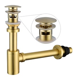 Miraga Bathroom Sink Stopper P-Trap Complete Set Adjustable 1-1/4 Sink Drain Kit Tube Solid Brass Bottle Trap w/Pop Up Drain Stopper Set, Overflow Version, Brushed Gold
