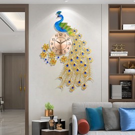 FMTAD Large Peacock Wall Clock for Living Room Decor,Mid Century Decorative Big Peacock Wall Clocks Non-Ticking Silent Luxury Peacock Clock for Dining Room Bedroom