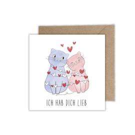 Relationship Card Friendship – Folding Card with Envelope for Partner and Friends – Ich Hab Dich Lieb mit Katzen Couple (125 x 125 mm)