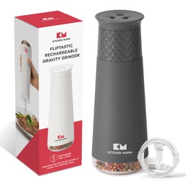 Kitchen Mama FlipTastic Rechargeable Salt and Pepper Grinder – Gravity Electric Grinder, Pepper Mill, Adjustable Coarseness, One-Hand Operation, Refillable Salt and Pepper Mill (Metal Gray)