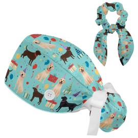 Scrub Caps Women, Surgical Caps with Buttons, Ponytail Nurse Hat, Bouffant Scrub Hats with Hair Scrunchy Adjustable, Dogs Labrador Colorful Dots Cartoon Animal Cute Blue Lovely