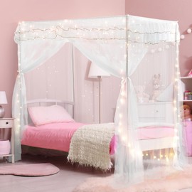 Twin Size Bed Canopy with Lights, Bed Canopy for Girls Princess with Luminous Stars, Canopy Bed Curtains for Twin Bed Kids Indoor Decor Bedroom, 4 Corner Post Bunk Bed for Student Dormitory, White