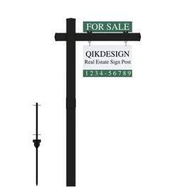 Qikdesign Vinyl PVC Real Estate Sign Post 6' Tall (Connected type), Black Realtor Yard Sign Post with Flat Cap for Open House, 36" Arm Holds Up to 24" Sign