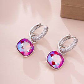 XUPING Luxury Hoop Crystal Earrings Silver Drop Earrings Small Huggie Dangle Earrings for Women and Girls Crystals Fashion Jewelry Gifts (Multi-Colored Red)