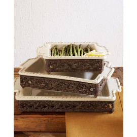 Original Scrolled Acanthus Ceramic Cream Baking Dish With 16-Inch By 10-Inch Metalwork Server