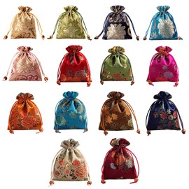 kilofly 14 pc Silk Brocade Jewelry Bag Double Layer Drawstring Coin Gift Pouch