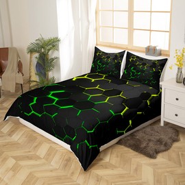 Honeycomb Bedding Duvet Cover Queen Size,Geometry Hexagon Theme with Green Yellow Neon Lights Comforter Cover,Boys Teen Man Chic Creative Home Bedding Quilt Cover 3Pcs with 2 Pillowcases,Black