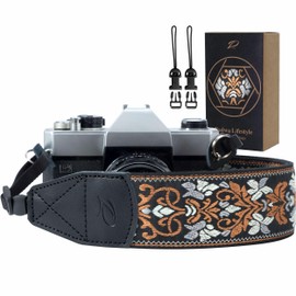 Padwa Lifestyle Camera Strap - 2" Wide Vintage Jacquard Embroidery Brown Flower Camera Straps with Genuine Leather Head,Adjustable Neck Shoulder Strap for All Cameras and Men & Women Photographers