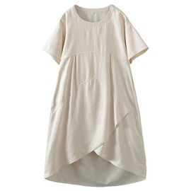 Tebreux Women's Linen Midi Dress Oversized Short Sleeve Sundress Baggy Tunic Dresses with Pockets Natural Linen XL