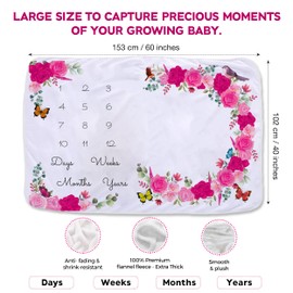 RoEsha Baby Monthly Milestone Blanket for Girls 60 x 40 Inch Thick Fleece Baby Month Blanket with Floral Wreath & Headband, Nursery Decor Newborn Photography Prop Photo Blanket (Pink Floral)