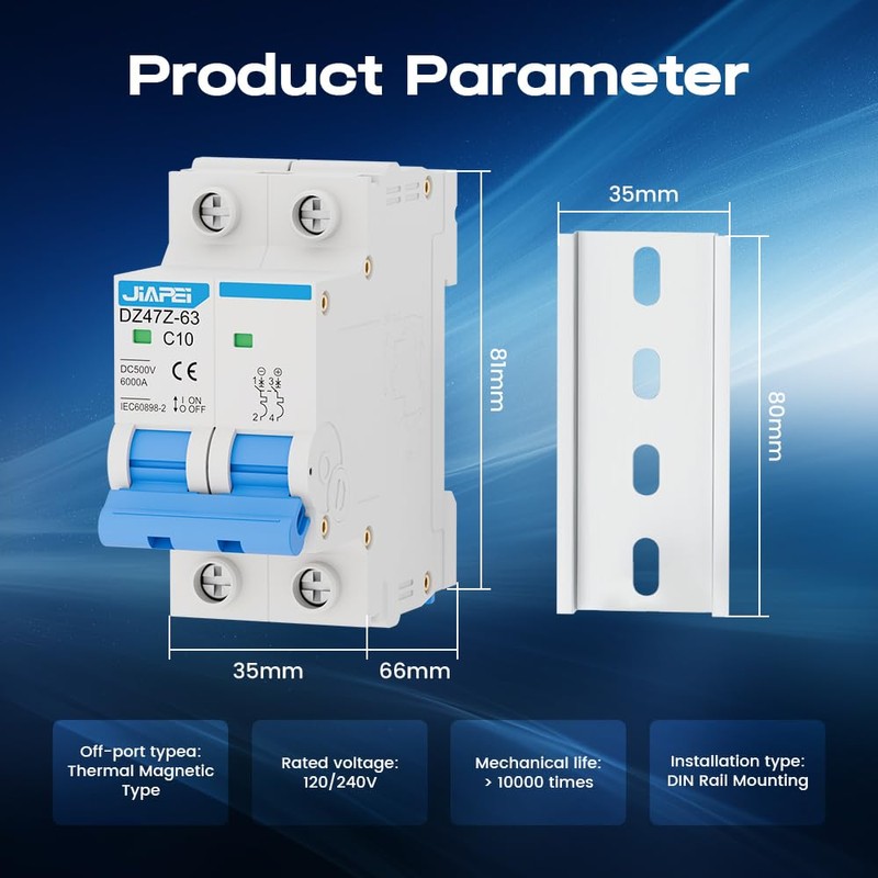 DC Miniature Circuit Breaker, 500V 2 Pole 10 Amp Isolator