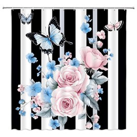 Fsfusvk Floral Stripe Shower Curtain Pink Spring Watercolor Flower Butterfly Black White Stripes Rose Flowers Elegant Women Blue Nature Polyester Fabric Bathroom Curtain Sets Hooks 70 x 70 Inch