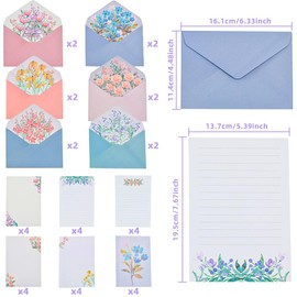 A5 Writing Paper and Envelopes Set, ADERTOS 24 PCS Writing Stationery Paper with 12 PCS Envelopes, Floral Lovely Letter Paper Lined Letter Writing Sets for Office Home School Invitation Gifts (6 Sets)