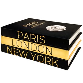 AZEZO Set of 3 Decorative Books for Home Decor – Decorative Hardcover Display Faux Books for Bookshelf and Coffee Table – Black and Gold Foiled – Paris London New York Themed