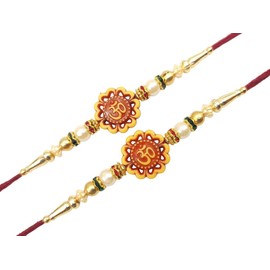 Rakhi Traditional for Brother Sister, Multi Color Beautiful & Fancy Designer Thread Raksha Bandhan Rakhi Gift (Design1 - Flower OM Rakhi Set of 2, Small)