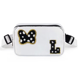 Chenille Initial Letter Bow Mouse Fanny Pack, Waterproof Park Crossbody Bag Christmas Birthday Gifts for Teen Girls Daughter Women Kids Adults, Cute Belt Bag Must Haves for Park Travel (L, White)