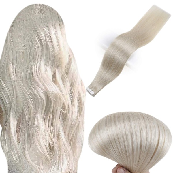 Full Shine Tape n Human Hair Extensions Straight Tape ins 12 Inch Short Remy Brazilian Hair Color 1000 White Blonde Seamless Hair Extensions Glue on Hair 30 Gram 20 Pieces