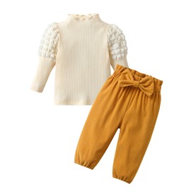Kumsolu Baby Girl Clothes Turtleneck Puff Sleeves Tops Pants 2 Piece Outfit Set
