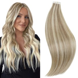 RUNATURE Blonde Tape in Extensions Human Hair Ash Brown Highlight Paltinum Blonde Tape in Hair Extensions Human Hair Blonde Tape Hair Extensions 22 Inch 50 Gram