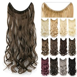 IMISSU 22'' 26'' Long Body Wavy Hair Extensions Fish Line Hairpiece Synthetic Invisible Secret Wire Headwear Flip Curly Hair Extension Pieces (26 Inch,Solid Brown)