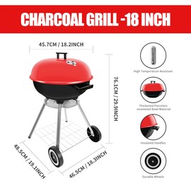 guogiyala Charcoal Grills - 18 inch Portable Grills, insulated lid bbq grills, camping, picnics and backyards,red