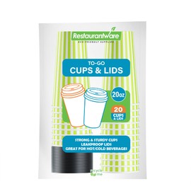 20 Ounce Disposable Coffee Cups With Lids, 20 Hot Cups With Lids - Sleeves Sold Separately, Single Wall, Green And White Stripe Paper Coffee Cups, For All Kinds Of Beverages - Restaurantware