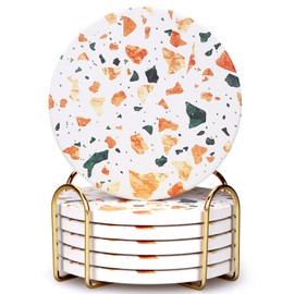 Dksyee 6 Pcs Terrazzo Style Ceramic Coasters with Holder - Absorbent Round Drink Coasters for Desk, Lounge, Coffee, Wine, Beverage, Bar - Set of 6
