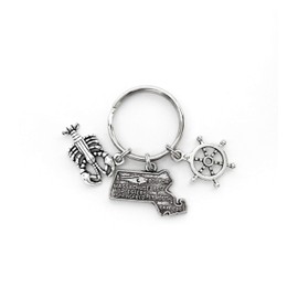 Massachusetts theme keychain. Includes State of Massachusetts, a Lobster, and Ship Wheel Charms. Boston Lover Gift.