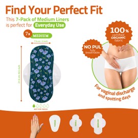 Natissy Reusable Panty Liner, 7-Pack; Medium; Organic Cotton; Plain Black; Black Wings