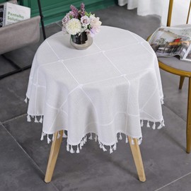 Farmhouse Checkered Embroidery Lattice Round Tablecloth with Tassel Heavy Duty Rustic Fabric Table Cover Wrinkle Resistant Washable Kitchen Dining Party Wedding Decoration 36 Inch