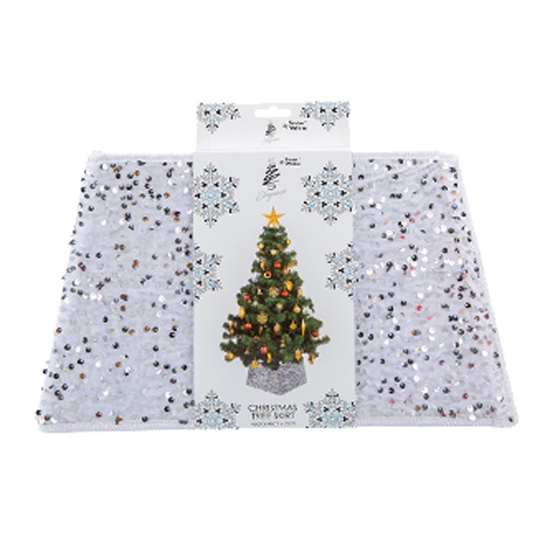 Christmas Box Style Sequin Tree Skirt Foldable - White and
