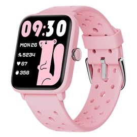 BIGGERFIVE Smart Watch for Kids without APP, Fitness Tracker Watch Pedometer, Heart Rate, 5ATM Waterproof, Sleep Monitor, Calorie Step Counter, Games, Vibrate Alarm Clock for Girls 5-14, Porous Pink