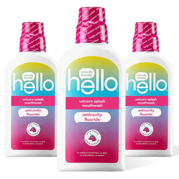 Hello Kids Mouthwash with Unicorn Bubble Gum Flavor, Alcohol Free Mouthwash for Kids with Fluoride, Safe for Ages 6 and Up, Anticavity, Vegan, No Alcohol, No Dyes, 3 Pack, 16 OZ Bottles