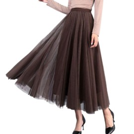 HDONYUi Women's Skirt, Long, Spring, Summer, Pleated, Tulle, Maxi Length, Flare, Fluffy, Chiffon, Stylish, Elegant, Lined, Elastic Waist, Solid Color, Voluminous, Cute, Beautiful, coffee