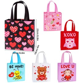 Colodeol 6PCS Valentines Tote Bags Non-Woven Valentine Bags with Handles Treat Bags for Kids,Reusable Valentines Goodie Candy Snack Bags for Party Favors