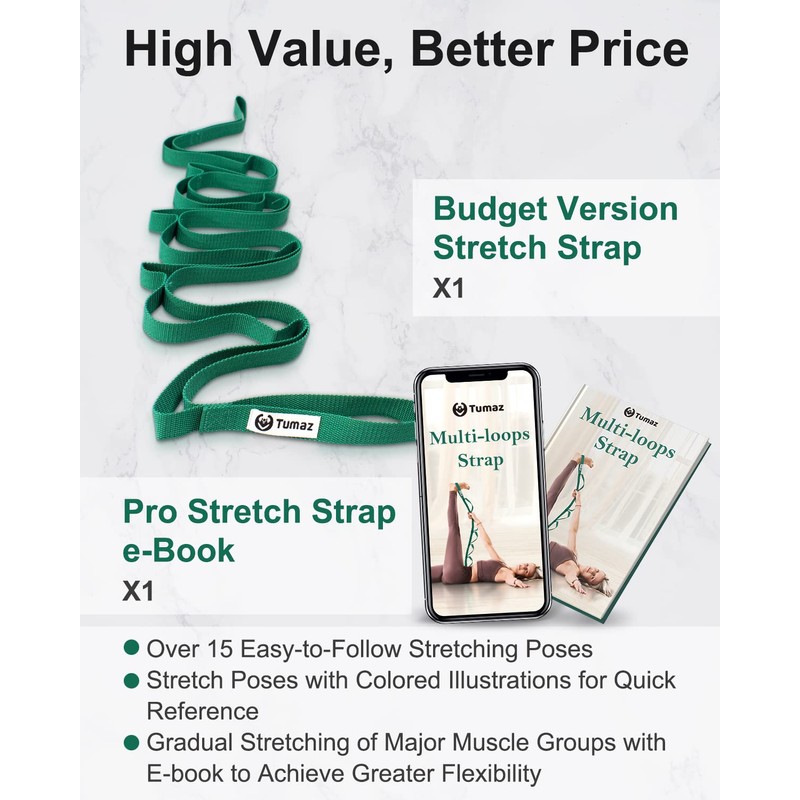 Tumaz Yoga Stretching Strap, 10 Thin-Loop Strap for Physical Therapy,