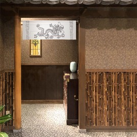 COTONOHA - Cortina japonesa corta Noren – 33.5 x 11.8 pulgadas (85 x 30 cm) – Divisor de puerta de tela de encaje para decoración de cocina, entrada o habitación, fabricada en Japón (dragón blanco)
