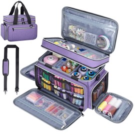 Anitor Large Sewing Supplies Organizer, Double Layer Sewing Storage Organizer with Two Detachable Dividers, Travel Sewing Bag Organizer with Shoulder Strap for Accessories, Purple, (Bag Only)