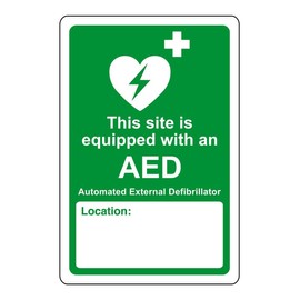 AED Safety sign - This site is equipped with AED emergency sign - 1.2mm Rigid plastic for indoor/outdoor usage (200mm x 150mm) Viewing Distance within 5m.