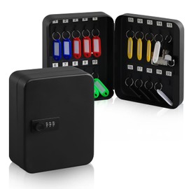 KYODOLED 20 Key Storage Lock Box with Code, Key Cabinet Organizer Wall Mount with Combination Lock, Key Hooks & Labels, 7.87 x 6.3 x 3.14 in, Black | KYODOLED