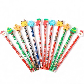 12 Pcs Christmas Pencils Bulk with Erasers, 12 Unique Xmas Themed Design for Christmas Goodies Prize Gift Favor Party Supplies