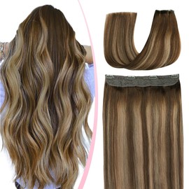 SURNEL Hlao Hair Extensions Invisible Fish Line Human Hair Extensions Balayage Ombre Color 4 Fading To 27 Blonde Highlighted 4 Medium Brown Wire Hair Extensions 16 inch 65g(#4/27/4,16inch)